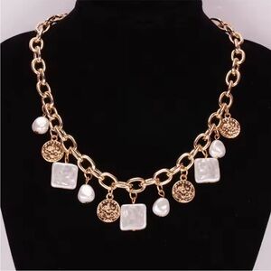 Majestic Ornate Gold & White Marble Charm Necklace